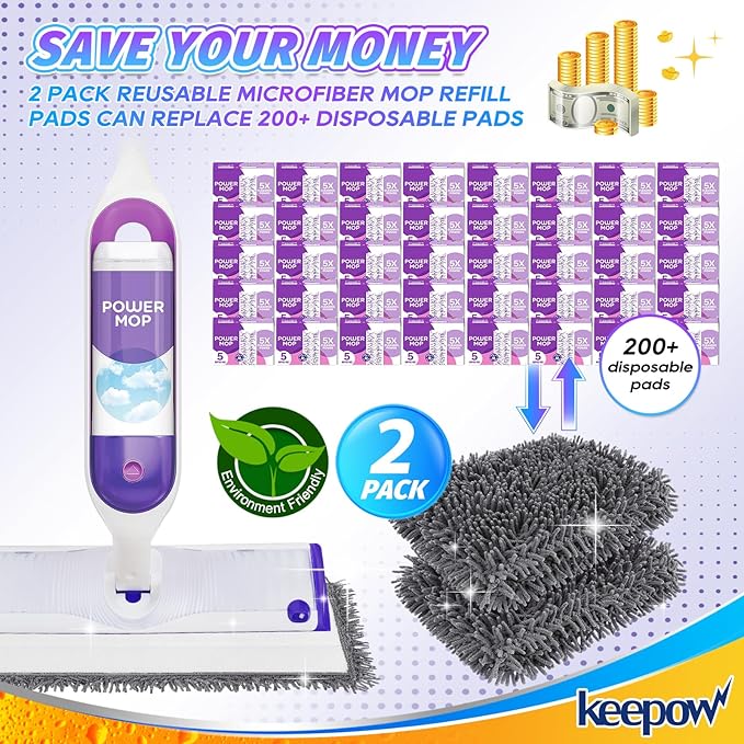 KEEPOW Reusable Microfiber Mop Pads for Swiffer PowerMop 2 Pack, Power Mop Pads Refills for 13 ''-15 '' Spray Mop, Machine Washable Pad Replacement for Multi-Surface Floor Cleaning