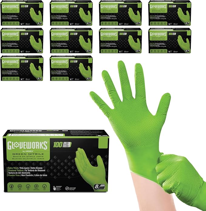 GLOVEWORKS HD Green Nitrile Gloves, 8 mil Nitrile Gloves Medium-XXL Sizes, Nitrile Disposable Gloves with Raised Diamond Grip