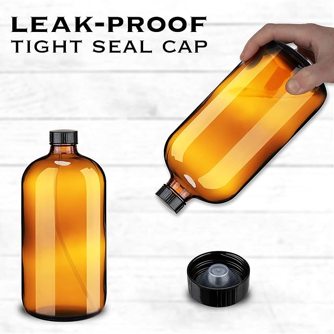 Large 32oz Amber Glass Spray Bottles with Funnel - Refillable Trigger Sprayer Containers for Oils, Cleaning Products, Plant Misting, Cooking, Hair, and Beauty. Includes 4 Bottles and 1 Funnel.