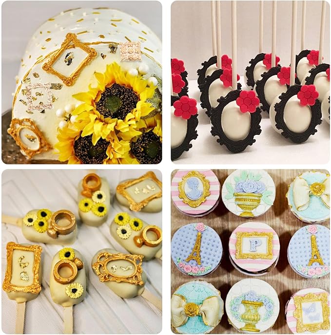 Frame Molds Fondant Silicone, 4 Packs Photo Frame Baroque Vintage Jewel Silicone Chocolate Molds, for Cake Mirror Frames Decoration, Cupcake Toppers, Resin Clay Sugar Gum Paste Polymer