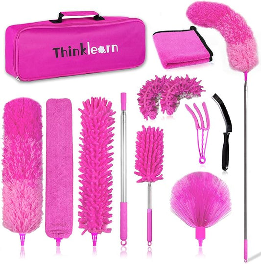 ThinkLearn Microfiber Dusters for Cleaning,14PCS Feather Dusters with Extension Pole,Bendable Washable and Extendable Duster for High Ceilings, Fans and Blinds House Cleaning Kit Pink Gift for Women