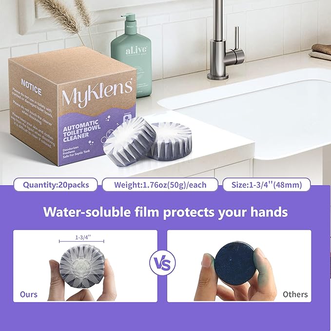 Toilet Bowl Cleaner Tablets, Automatic Toilet Bowl Cleaners, Long-Lasting Toilet Tabs Drop in Tank for Deodorizing & Descaling, Purple, 20 Packs