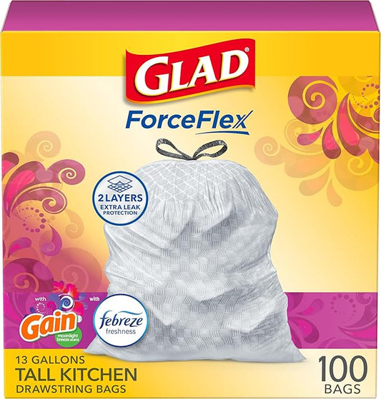 Glad ForceFlex Tall Kitchen Trash Bags, 13 Gallon, Gain Moonlight Breeze, 100 Ct (Package May Vary)