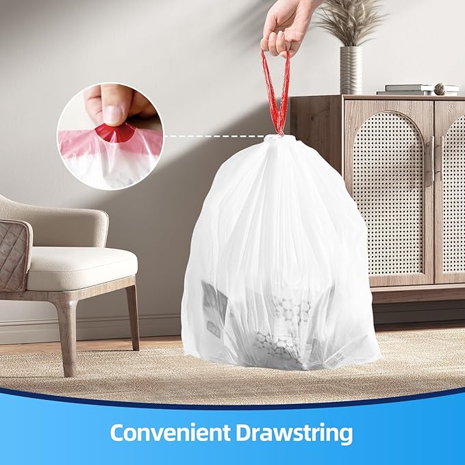 KUK 4 Gallon Drawstring Trash Bags - 120 Count White Small Garbage Bags, Unscented Strong Plastic Waste Basket Liners for Home/Office/Car, Fits 10-15 Liter Bins, 6 Rolls with Tear-Free Design