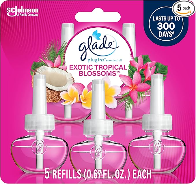 Glade PlugIns Refills Air Freshener, Scented and Essential Oils for Home and Bathroom, Exotic Tropical Blossoms, 3.35 Fl Oz, 5 Count