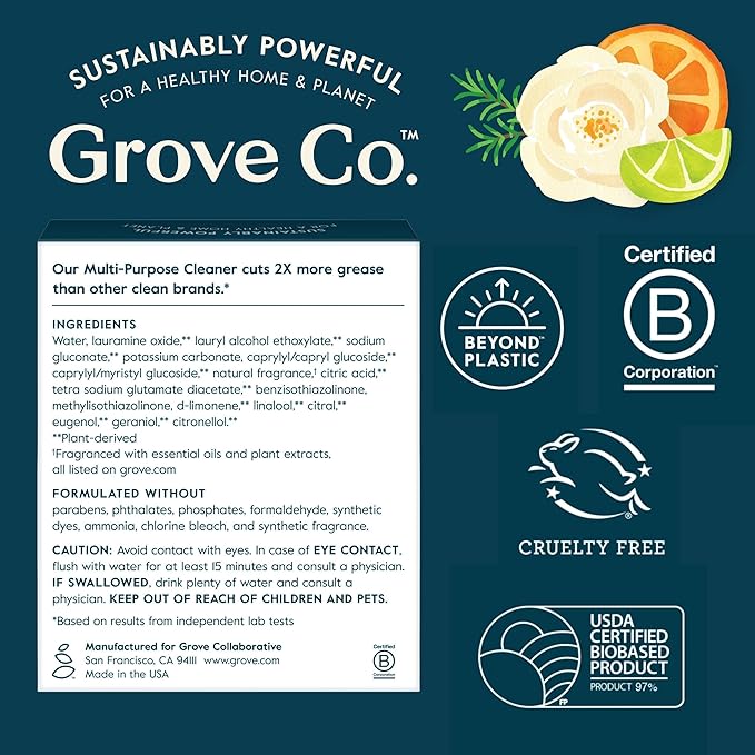 Grove Co. Multi-Purpose Cleaner, Refill Concentrate (6 x 1 Fl Oz) Plant-based Household Cleaning Supplies, Ammonia & Chlorine Free, No Plastic Waste, Orange & Rosemary Scent, Total 3 x 2 Pack Refills
