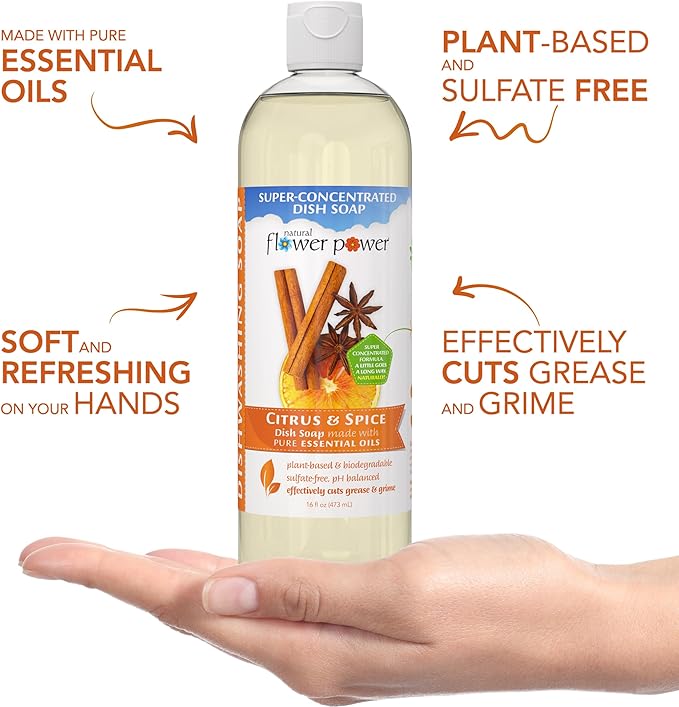 Natural Flower Power Liquid Dish Soap – Citrus & Spice – Plant-Based & Scented w/ Pure Essential Oils – Natural Liquid Dishwashing Detergent – Sulfate-Free Kitchen Soap – Vegan (16 Fl Oz 3 Pack)