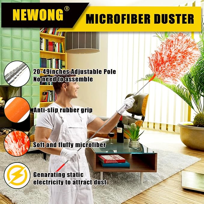 Extendable 20-49inches Microfiber Feather Duster with 3pcs Replaceable Bendable Heads, Extra Long Duster for Cleaning, Electrostatic Dust Remove for Ceiling, Fan, Window, Bookshelves(Orange)