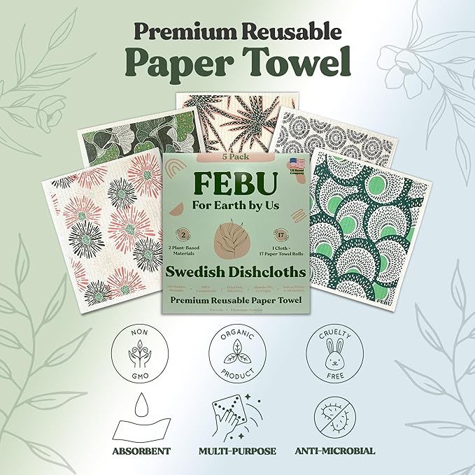 FEBU Swedish Dishcloths for Kitchen | 5 Pack Botanique Reusable Paper Towels Washable | Swedish Dish Towels | Non-Scratch Cellulose Sponge Cloths | No Odor, Biodegradable Cleaning Cloths
