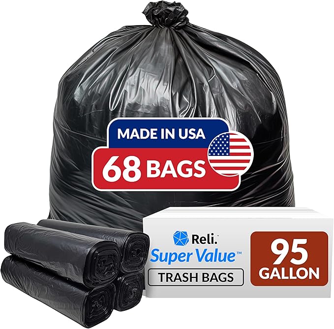 Reli. 95 Gallon Trash Bags Heavy Duty | 68 Trash Bags | Super Sizeable, Black, Garbage for Serious Cleanup