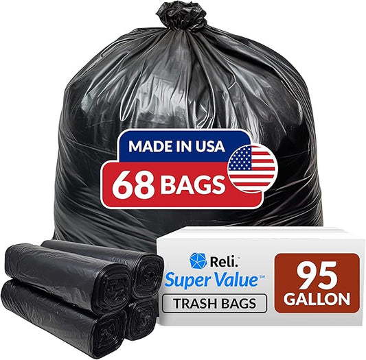 Reli. 95 Gallon Trash Bags Heavy Duty | 68 Trash Bags | Super Sizeable, Black, Garbage for Serious Cleanup