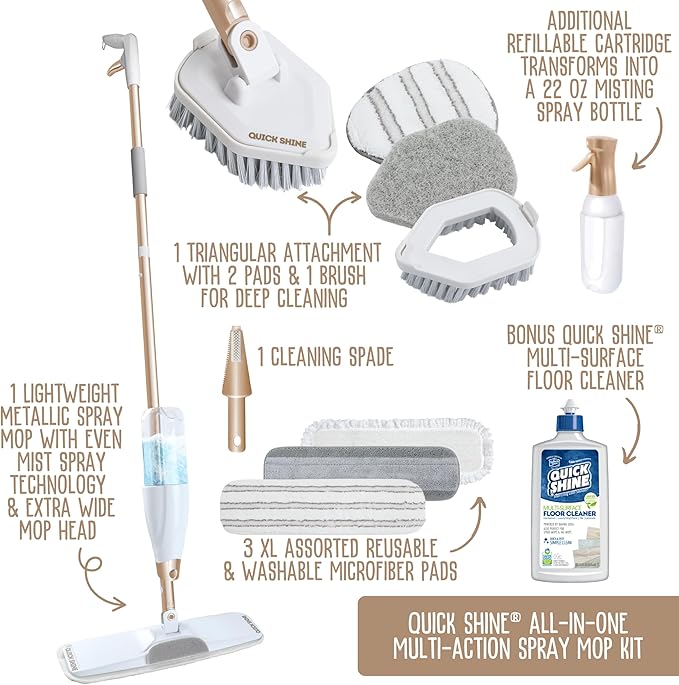 Quick Shine Ultimate Gold Spray Mop Kit | All-in-One 11 Pc Kit w/ Interchangeable Attachments | Floor Cleaner Included | No Batteries Needed | Pro Cleaning System for All Floor Types | 2-in-1 Mop