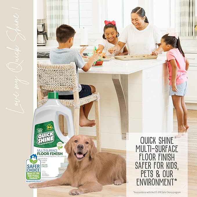 Quick Shine Multi-Surface Floor Finish-Polish 64oz-2pk | Safer Choice, No PFAS, pH Neutral Clean Shine Technology | Squirt & Spread | For Wood, Laminate, LVP, LVT, Tile & Stone | Made in USA