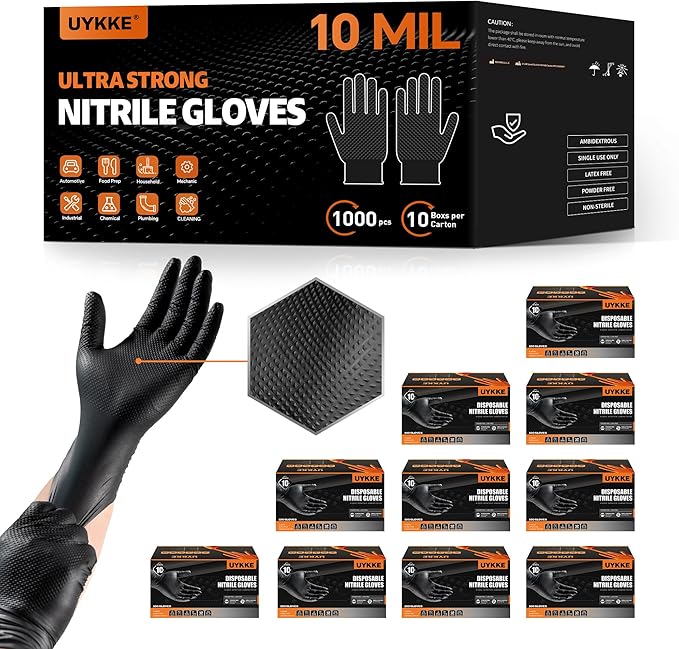 HEAVY DUTY 10 Mil Nitrile Gloves Disposable Mechanic Rubber Gloves Industrial with Raised Diamond Texture,Latex Free