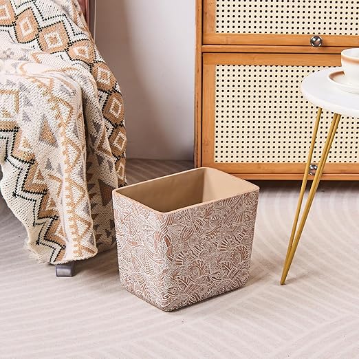 Rustic Brown Tropical Leaves Carved Small Bathroom Trash Can 2.5 Gallon(9 Liter), Resin Heavy Sturdy Kitchen Garbage Can,Living Room Bedroom Trash Can, Decorative Wastebasket for Home, Garden, Office