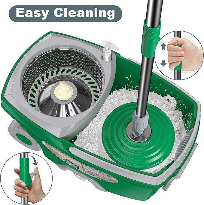 Dual Compartment Spin Mop and Bucket, Mop and Bucket with Wringer Set,360°Rotating Spinning Mopping for Floor Cleaning with 3 Microfiber Replacement Heads, 61" Extended Handle, 2X Wheel - Deep Green