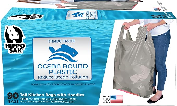 Hippo Sak - Tall Kitchen Garbage Bags with Ergonomic Handles - 13 Gallon Trash Bags Made from Recycled Ocean Bound Plastic - Super Strong and Leak Proof Tall Kitchen Trash Bags (90 Count)