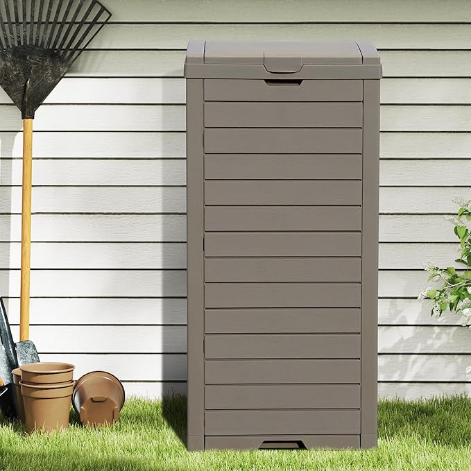 DWVO 38 Gallon Large Outdoor Trash Can, Waterproof Resin Hideaway Garbage Bin with Lid and Drip Tray, Outside Trash Bin for Porch, Backyard, Deck, Patio, Poolside, Easy to Clean, Taupe