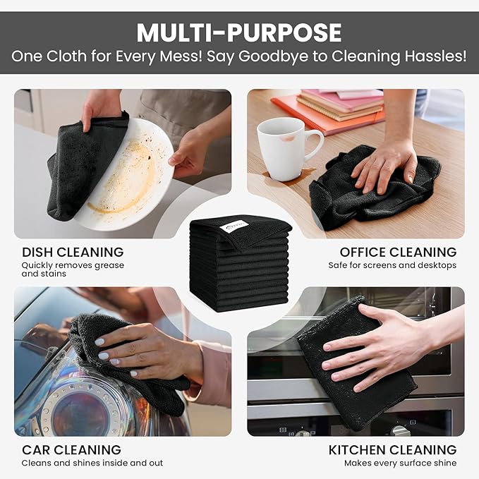 Microfiber Cleaning Cloth, 12 Pack Lint-Free and Highly Absorbent Rags, Black Reusable Microfiber Towels for Car, Kitchen, Bathroom and Household Cleaning Supplies, 11.8"X11.8"