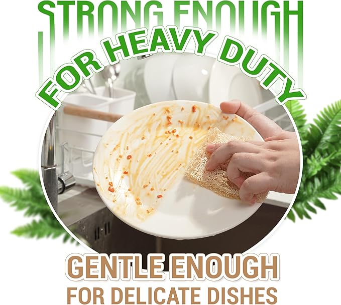 Natural Loofah Dual-Sided Scouring Pads, Plant-Based Non-Scratch Scrubbers for Kitchen Cleaning, Dishwashing, Household Use, 12 Count