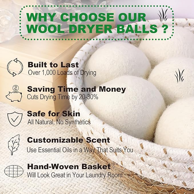 New Zealand Wool Dryer Balls | 7-Pack in Handmade Basket | Speed Up Drying & Reduce Wrinkles | Natural Reusable Fabric Softener