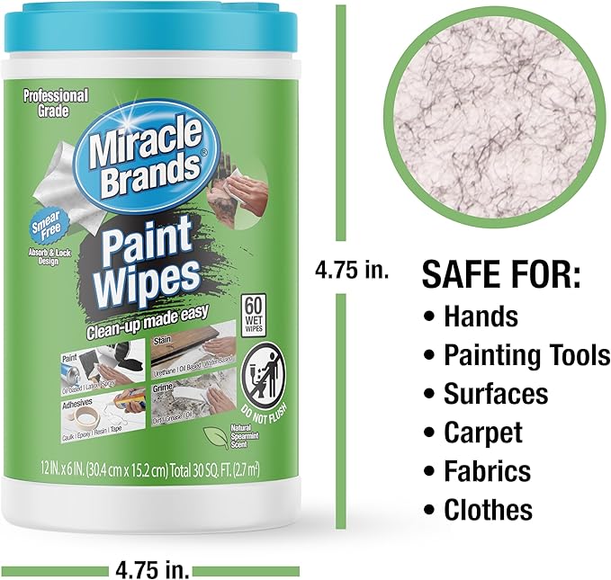 MiracleWipes for Paint Prep & Cleanup, Remove Tough Grime Build-Up, Wet Paint, Caulking, Epoxy, Colorant, and more from Hands, Surfaces, & Tools - 60 Count