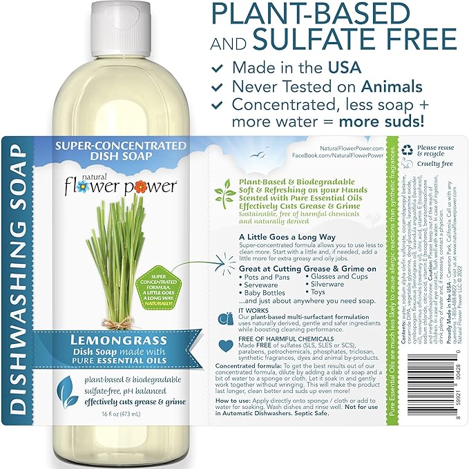 Natural Flower Power - Plant-Derived Dish Soap - Sulfate-Free, Bio-Based, pH-Balanced, Vegan Cleaning Supplies - Variety Pack - Lavender + Lemongrass + Peppermint & Lemon - 3 x 16 oz