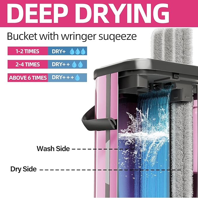 Flat Mop and Bucket for Home with Extra Refills, Stainless Steel Mop and Bucket with Wringer, Hands-Free Mop, Wet and Dry Use Mop with Long Handle (Purple)