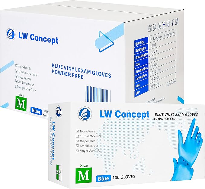 LW Concept Blue Vinyl Exam Gloves for Medical/Food Safe/Cleaning/Handling Use Multipurpose Latex & Powder Free, 4.5 mil (LW4002, Medium)