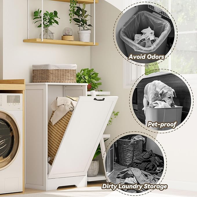 10 Gallon Tilt Out Trash Cabinet, Modern Tilt Out Laundry Hamper Cabinet, Wooden Hidden Trash Can Cabinet with Lid for Bathroom, Living Room, Laundry Room, White