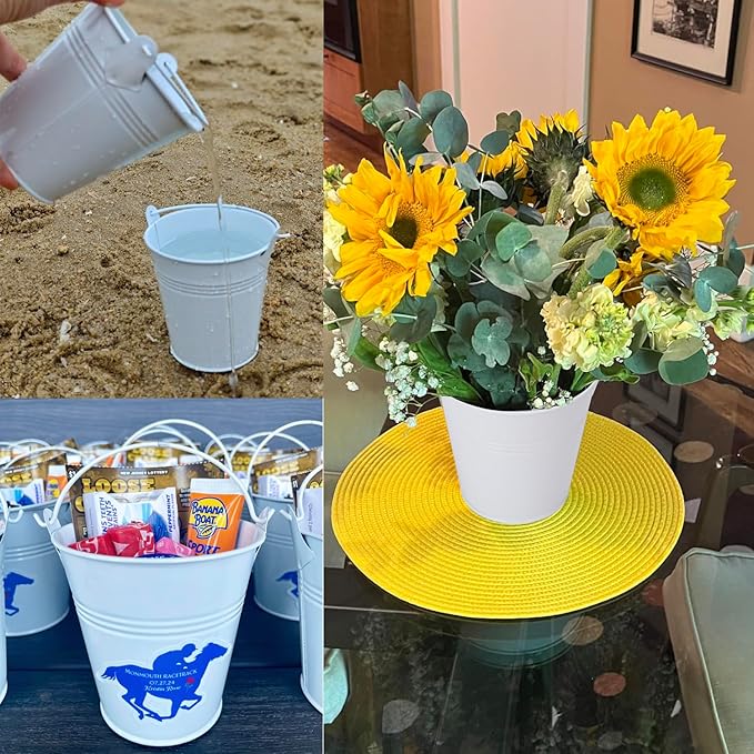 18 Pack 4" White Mini Metal Bucket, Elegant Galvanized Buckets with Handles, Tin Buckets, Small Iron Bucket, Mini Metal Pail for Party Favors, Crafts, Garden & Beach