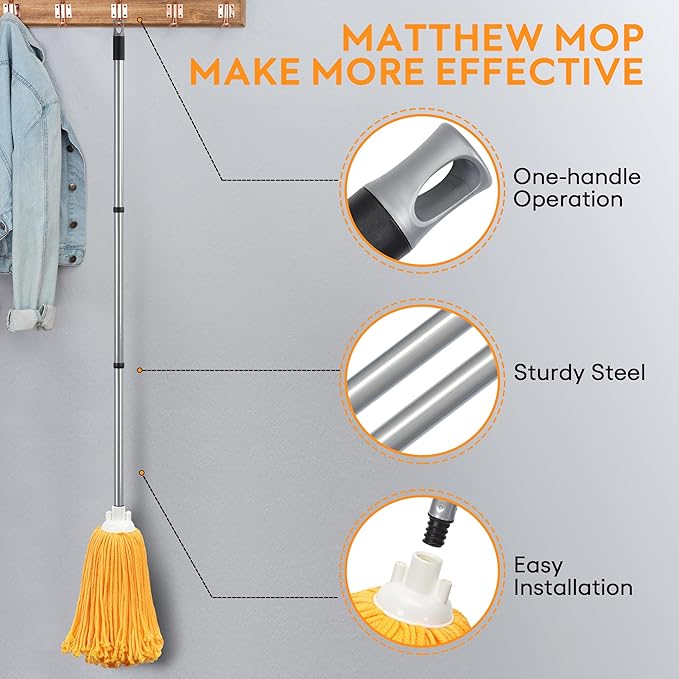 Matthew Microfiber Mop Replacement Compatible with Microfiber Cloth Mop Refill,Stainless Steel Spin Mop Replacement 54" Handle with Wet Mop for Floor Cleaning (2 Mop Heads w/1 Handle)-Orange