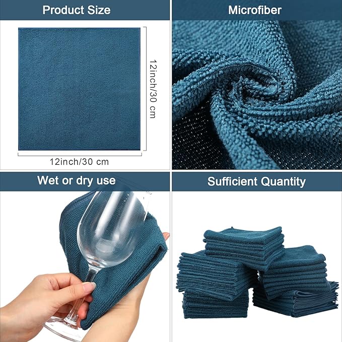 Tenare 100 Count12'' x 12'' Microfiber Cleaning Cloths Reusable Cleaning Rags Bulk Microfiber Towels Softer Highly Absorbent Washcloths for House Kitchen Car Window(Teal)