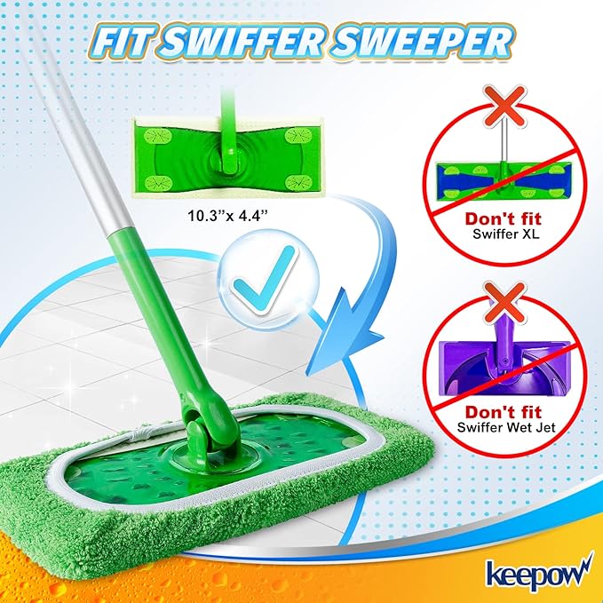 KEEPOW Reusable Mop Pads Compatible with Swiffer Sweeper Mop, Dry Sweeping Cloths for Swiffer Pads, 8 Pack Washable Microfiber Wet Mopping Cloth Refills for Surface/Hardwood Floor Cleaning