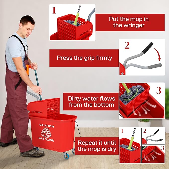 HOMCOM Compact Mop Bucket with Wringer on Wheels for Floor Cleaning, 21 Quart, Separate Dirty and Clean Water, for Home, Apartment, Red