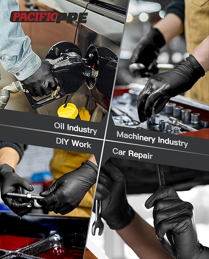 PACIFIC PPE 8 Mil Heavy Duty Black Nitrile Gloves, Food Safe, Latex Free, Mechanic, Fully-Diamond Textured Grip Industrial Disposable Gloves, Medium