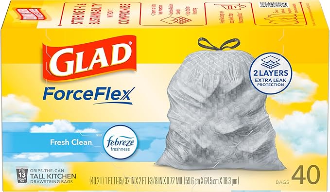 Glad ForceFlex Tall Kitchen Trash Bags, 13 Gallon, Gain Fresh Clean, 40 Count (Package May Vary)