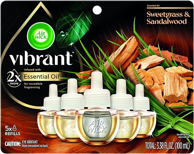 Air Wick Plug In Scented Oil Refills, Sweetgrass + Sandalwood, Air Fresheners for Home Long Lasting, Room Fresheners,Air Freshener Plug In, Essential Oils, Home Essentials for Small&Large Spaces,5 ct
