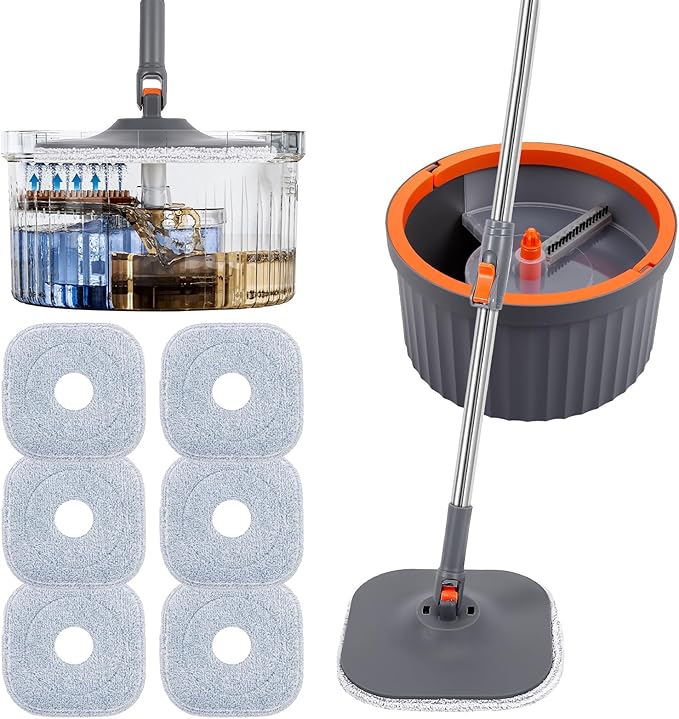 Chabatree Mop and Bucket Set，Spin Mop and Bucket Set with Separate Dirty and Clean Water，6 Replaceable Mop Pads，Deep-Cleaning Mops for Floors, Versatile Mops for Walls