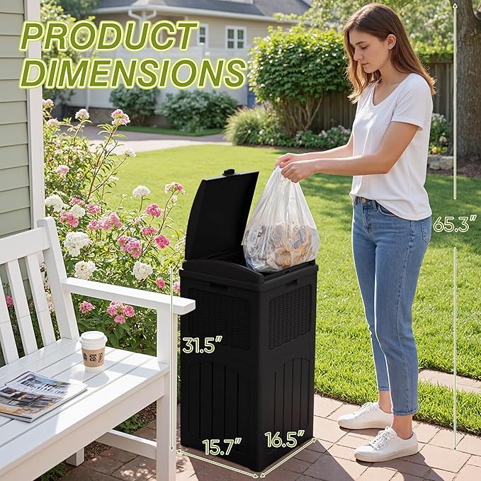Greesum 33 Gallon Outdoor Trash Can with Lid, Waterproof Resin Garbage Bin for Hideaway, Deck, Patio, 4 Pack, Black
