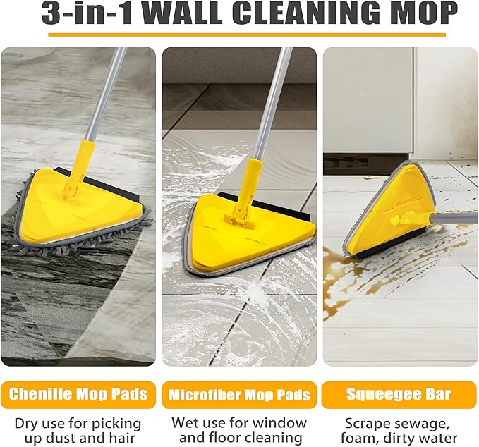 JEHONN Wall Mop with Long Handle 80 Inches, Upgraded 180° Collapsible Baseboard Cleaner Tool with Squeegee, Ceiling Duster with 3 Microfiber and 3 Chenille Pads for Cleaning Window, Cabinet (Yellow)