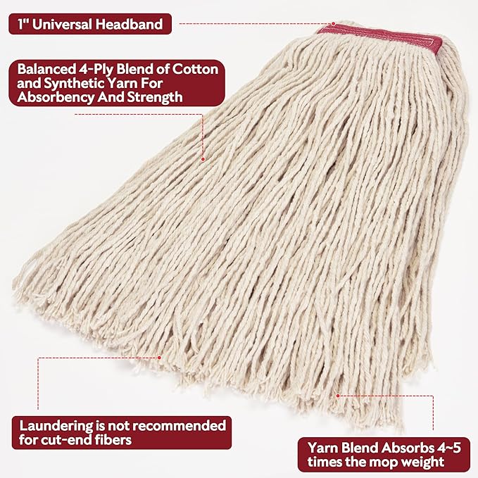 Matthew Cleaning 24oz 12Pack Cotton Mop Head Replacement,Looped-Open String Heavy Duty String Mop Refills,Universal Headband Blend,Floor Cleaning for Home, Industrial and Commercial Use(White)