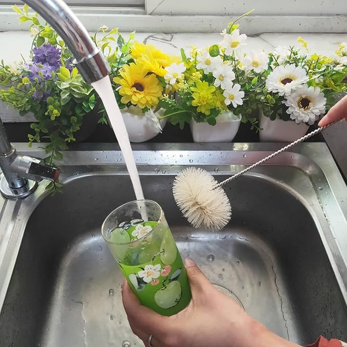 Coralpearl Bottle Brushes Thin Long Handle X 4, Skinny Wire Cleaner Set in Stainless Steel with Natural Boar Bristle at Wool Tip, Bendable Flexible for Cleaning Narrow Neck Bottles, Pipe, Tube, Hose