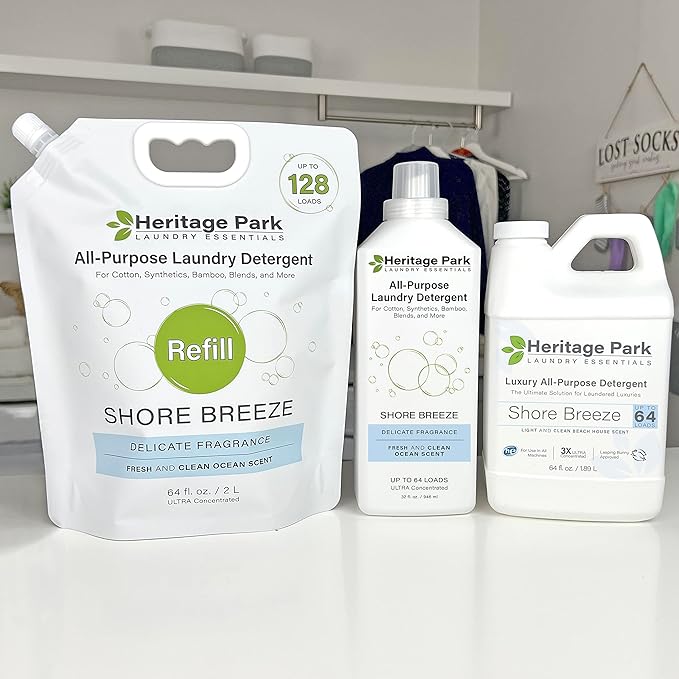 Heritage Park All-Purpose Shore Breeze, Lightly Scented, pH-Neutral Laundry Detergent - Stain-Fighting Enzymes, Ultra Concentrated (64 fl oz Refill Pouch)