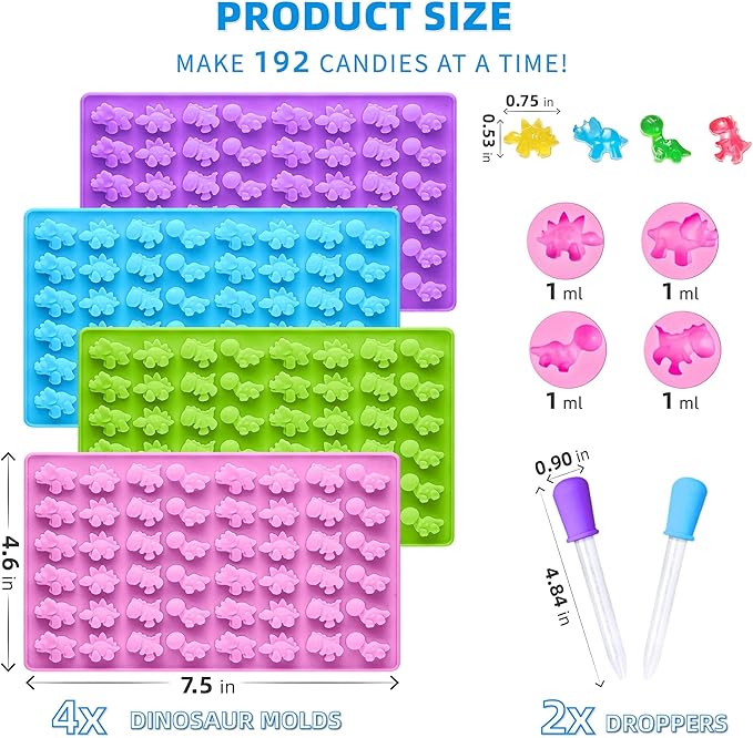 Dinosaur Silicone Molds 4 PCS, Non-stick Mini Size Candy Gummy Molds with 2 Droppers, BPA Free Food Grade Silicone Molds, Chocolate Molds