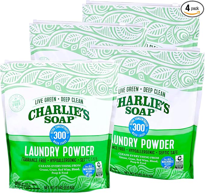 Charlie’s Soap Laundry Powder (300 Loads, 4 Pack) Fragrance Free Hypoallergenic Plant Based Deep Cleaning Laundry Powder – Biodegradable Eco Friendly Sustainable Laundry Detergent