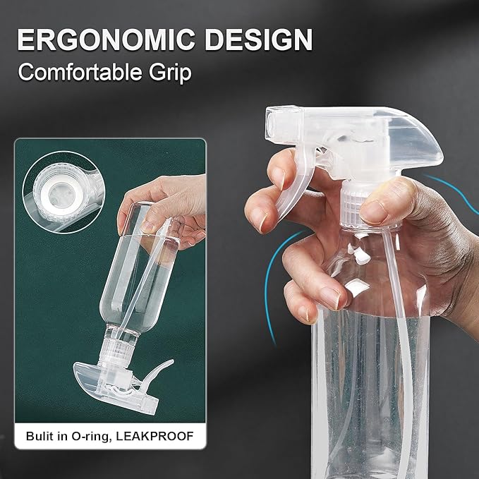 Plastic Spray Bottles 12oz 2 Pack Adjustable Mist/Stream Spraying Heavy Duty Square Water Spray Bottles for Hair, Cleaning Solutions, Plants，Essential Oils (Clear)