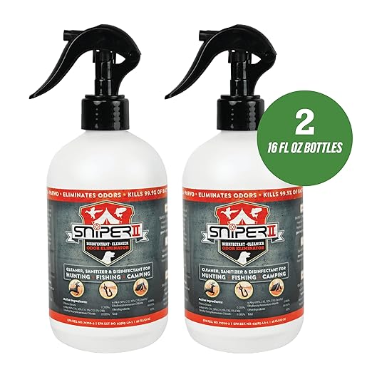 SNiPER II Disinfectant Cleanser and Odor Eliminator, Cleaner for Outdoor Disinfecting Purposes, Use for Hunting, Fishing, and Camping, Made in the USA, 16 Ounce Spray Bottle, 2-Pack