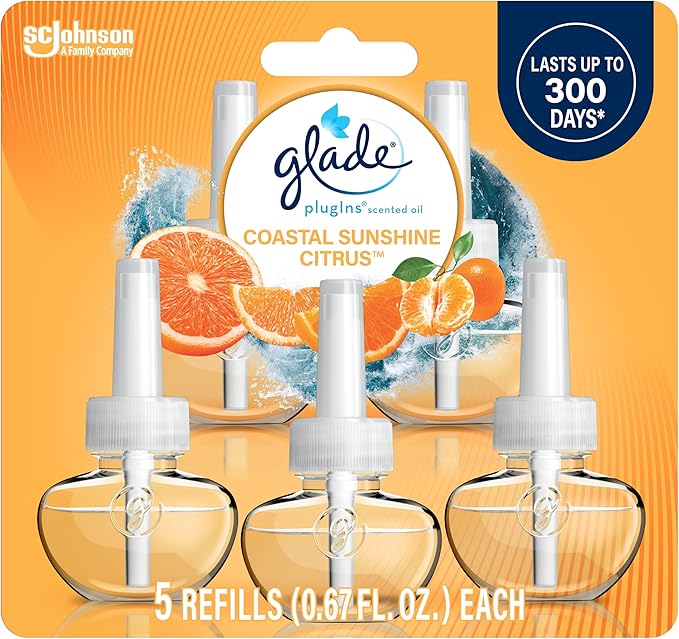 Glade PlugIns Refills Air Freshener,Coastal Sunshine Citrus, Scented and Essential Oils for Home and Bathroom, 0.67 Fl Oz, 5 Count