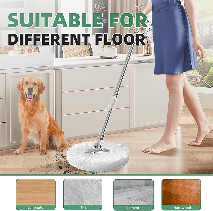 Spin Mop and Bucket with Wringer Set for Home,360° Mop and Bucket with Separate Clean and Dirty Water,Wet Dust Mop for Floor Cleaning with Extra Refills (Green)